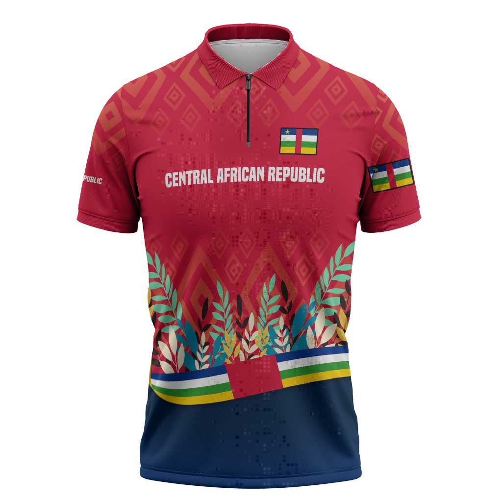 Central African Republic Zipper Polo Shirt with Red Blue Green Tribal Design and National Flag - Wonder Print Shop