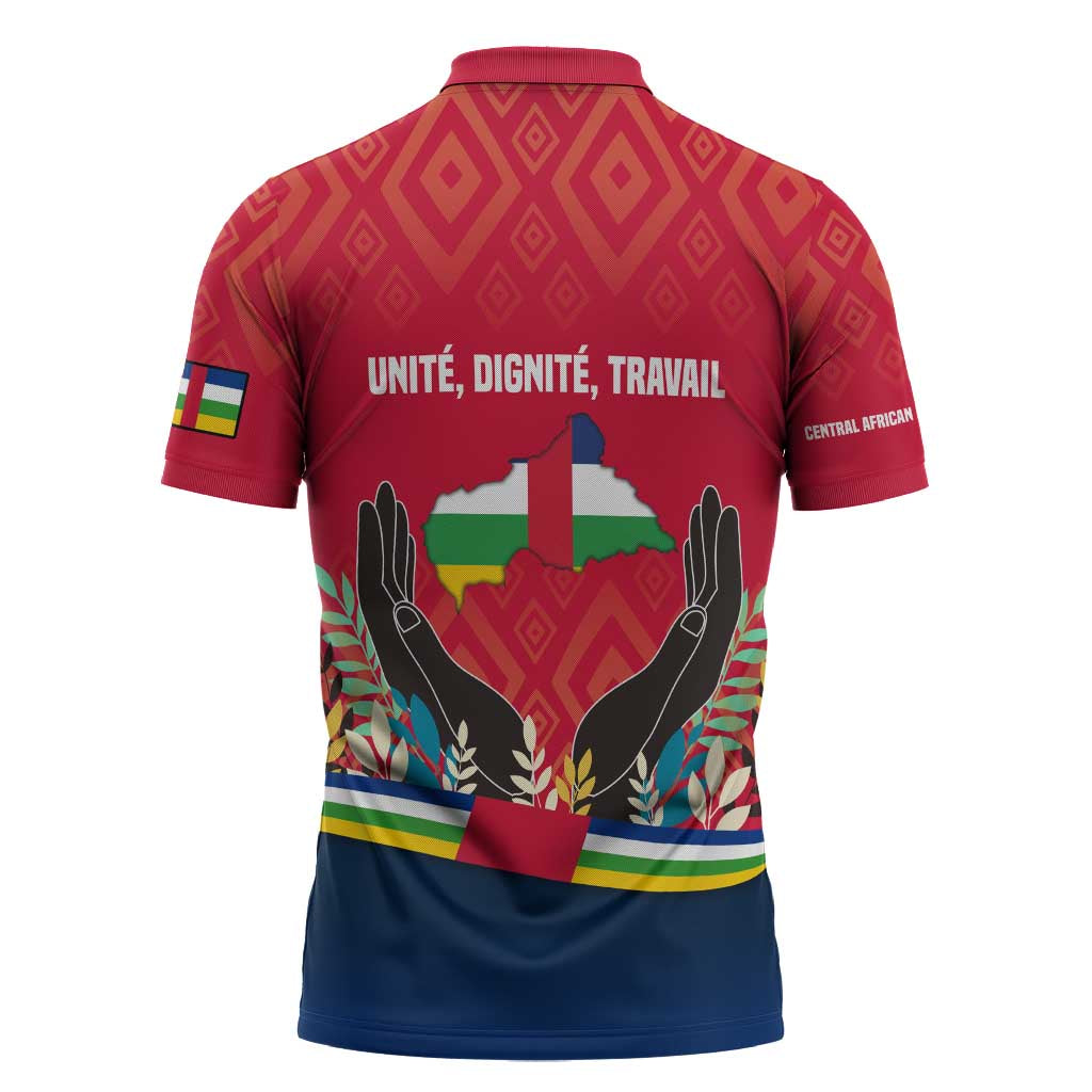 Central African Republic Zipper Polo Shirt with Red Blue Green Tribal Design and National Flag - Wonder Print Shop