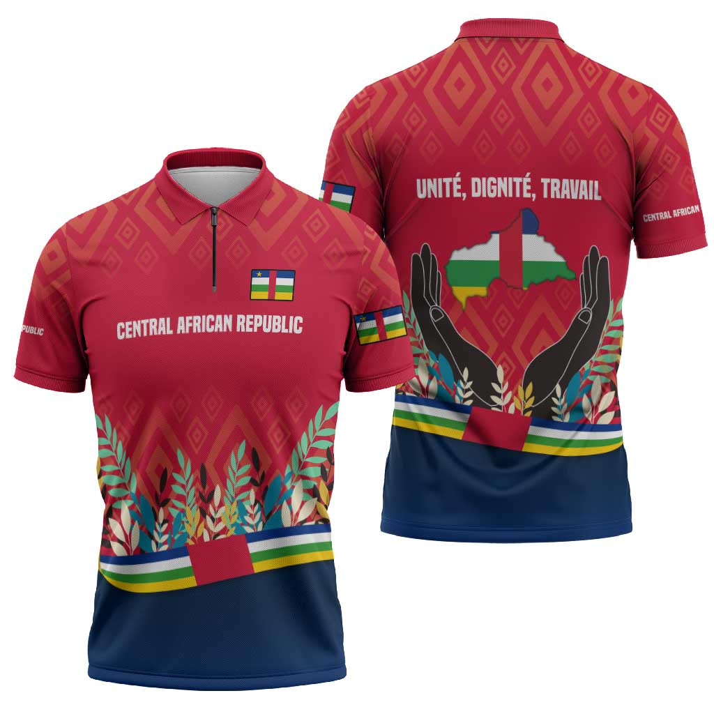 Central African Republic Zipper Polo Shirt with Red Blue Green Tribal Design and National Flag - Wonder Print Shop