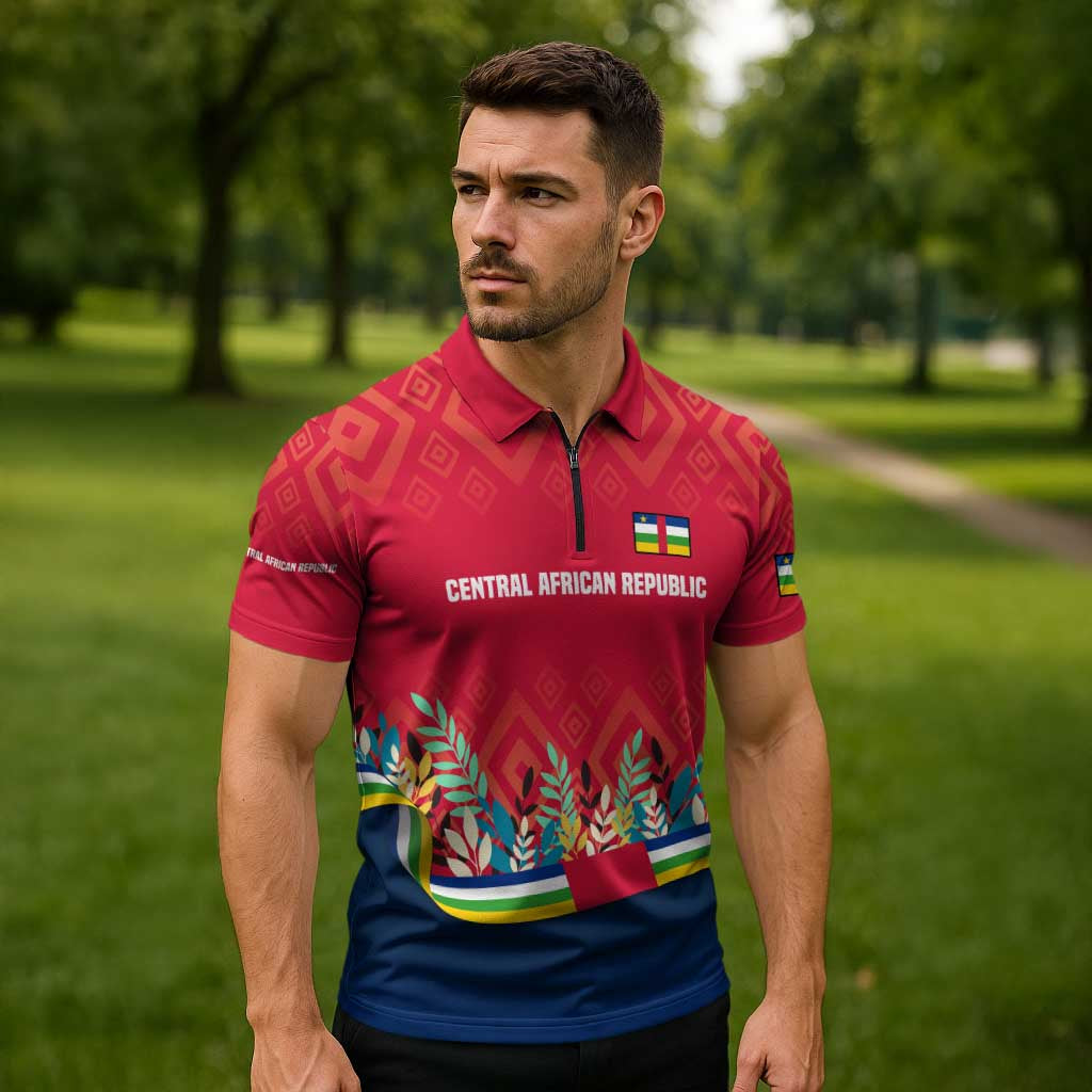 Central African Republic Zipper Polo Shirt with Red Blue Green Tribal Design and National Flag - Wonder Print Shop