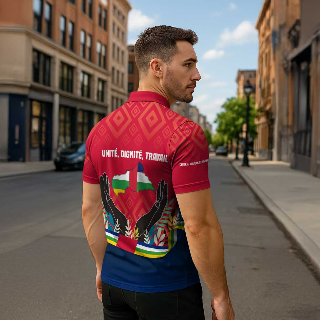 Central African Republic Zipper Polo Shirt with Red Blue Green Tribal Design and National Flag - Wonder Print Shop
