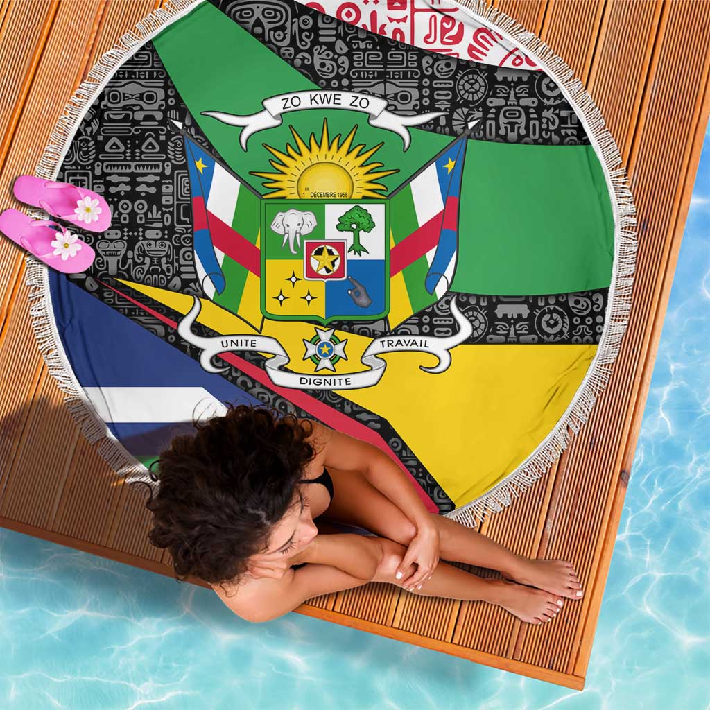 Central African Republic Beach Blanket with Multicolor Tribal Design and National Emblem - Wonder Print Shop
