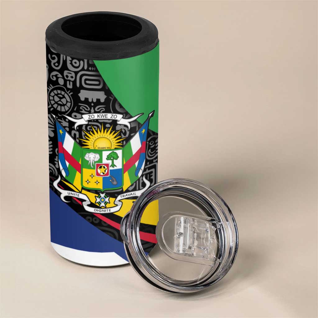 Central African Republic 4 in 1 Can Cooler Tumbler with Multicolor Tribal Design and National Emblem - Wonder Print Shop