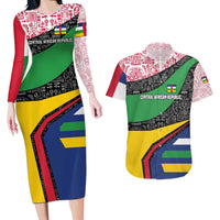 Central African Republic Couples Matching Long Sleeve Bodycon Dress and Hawaiian Shirt with Multicolor Tribal Design and National Emblem - Wonder Print Shop
