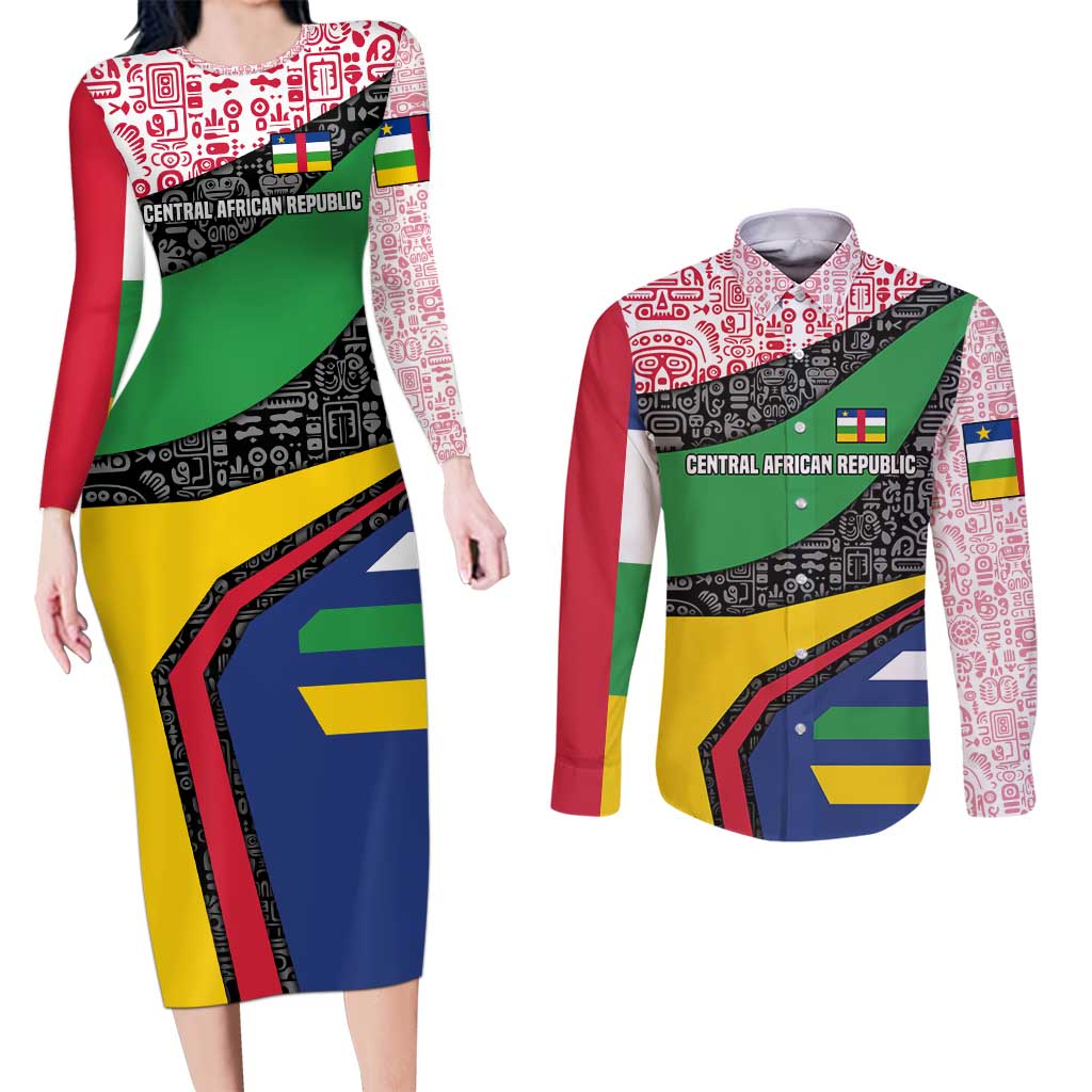 Central African Republic Couples Matching Long Sleeve Bodycon Dress and Long Sleeve Button Shirt with Multicolor Tribal Design and National Emblem - Wonder Print Shop