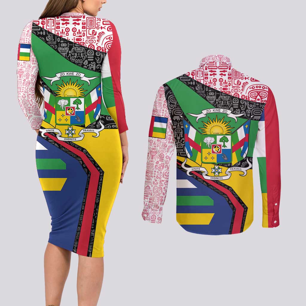 Central African Republic Couples Matching Long Sleeve Bodycon Dress and Long Sleeve Button Shirt with Multicolor Tribal Design and National Emblem - Wonder Print Shop