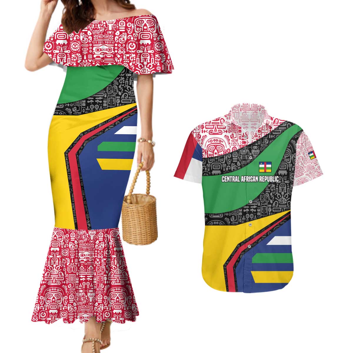 Central African Republic Couples Matching Mermaid Dress and Hawaiian Shirt with Multicolor Tribal Design and National Emblem - Wonder Print Shop