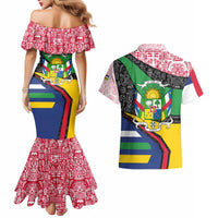 Central African Republic Couples Matching Mermaid Dress and Hawaiian Shirt with Multicolor Tribal Design and National Emblem - Wonder Print Shop