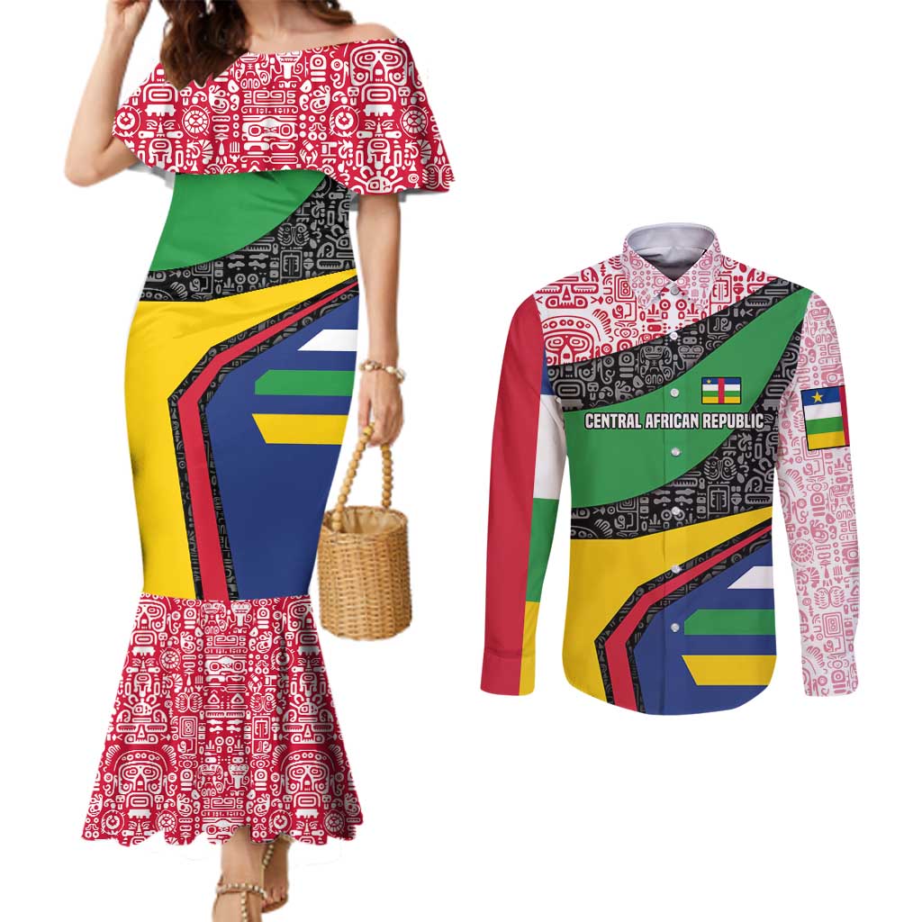 Central African Republic Couples Matching Mermaid Dress and Long Sleeve Button Shirt with Multicolor Tribal Design and National Emblem - Wonder Print Shop