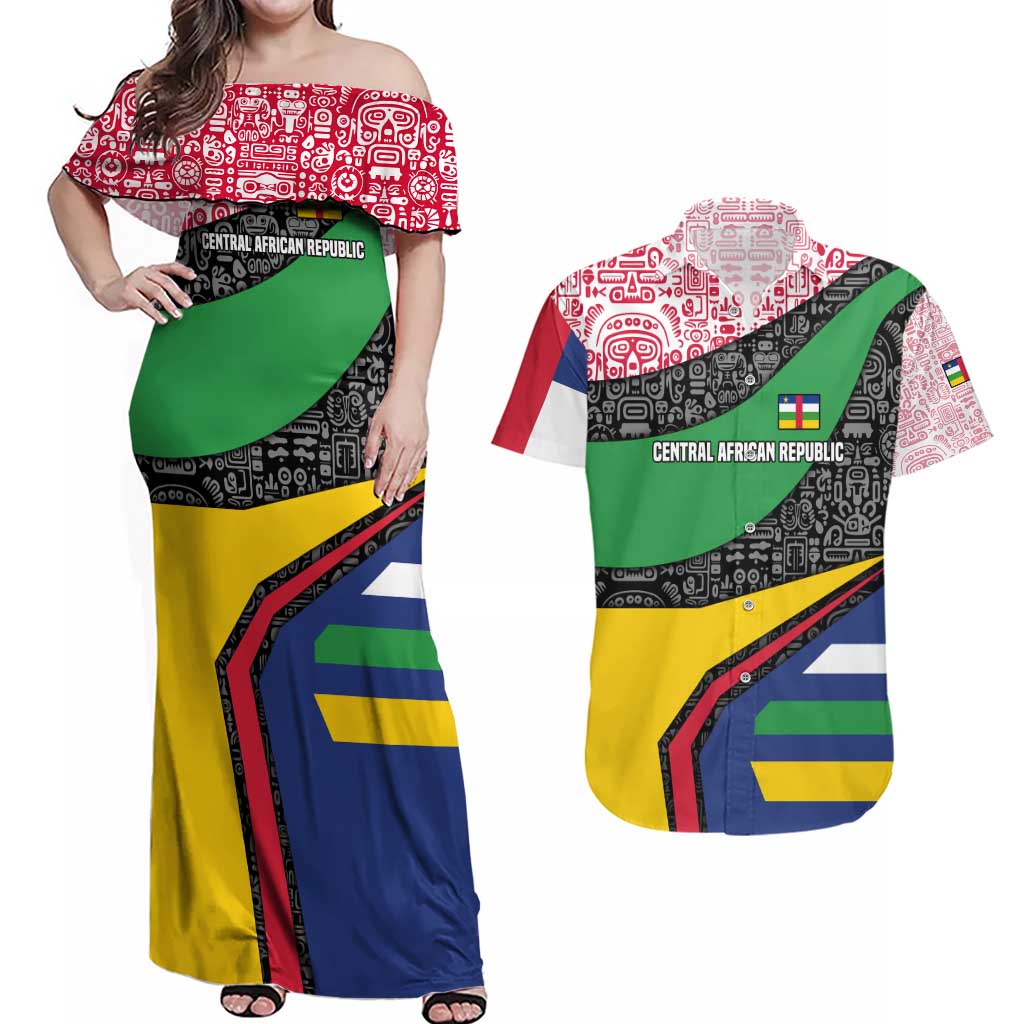 Central African Republic Couples Matching Off Shoulder Maxi Dress and Hawaiian Shirt with Multicolor Tribal Design and National Emblem - Wonder Print Shop
