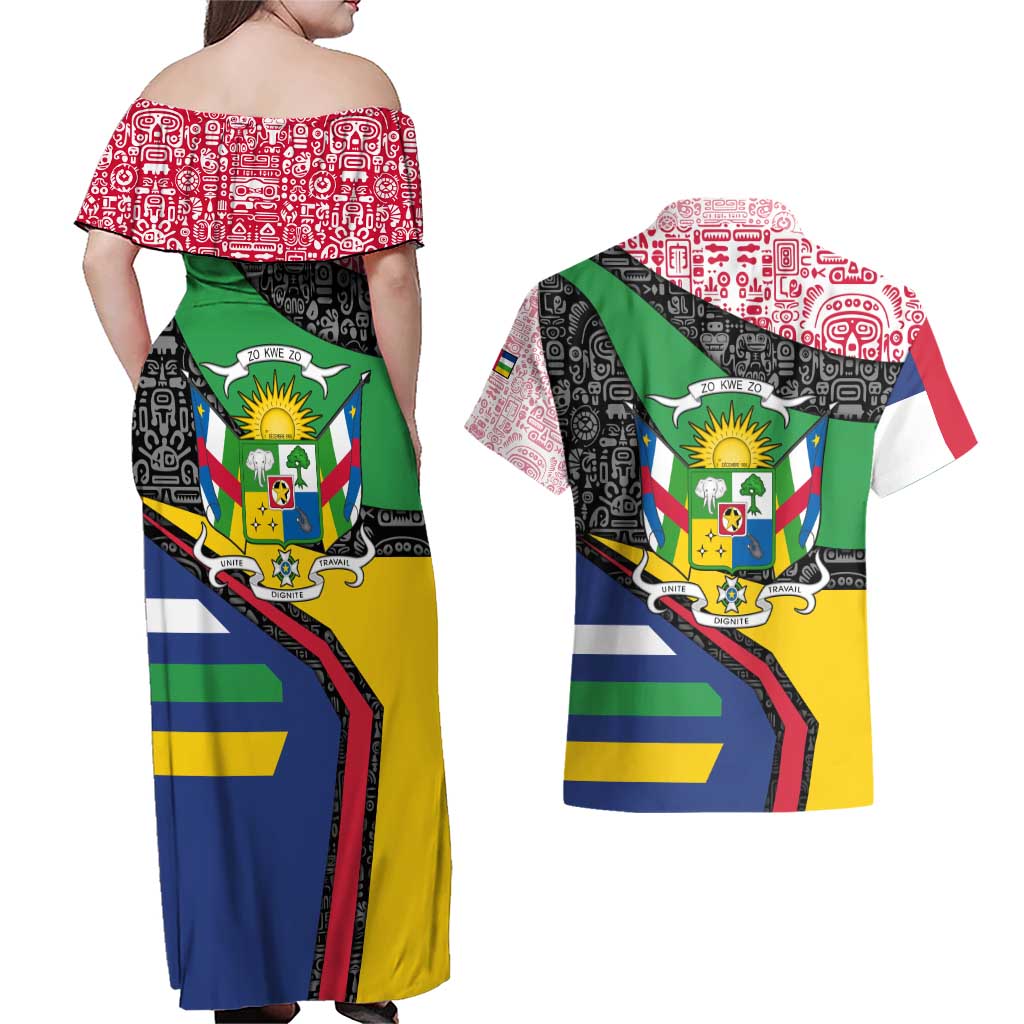 Central African Republic Couples Matching Off Shoulder Maxi Dress and Hawaiian Shirt with Multicolor Tribal Design and National Emblem - Wonder Print Shop