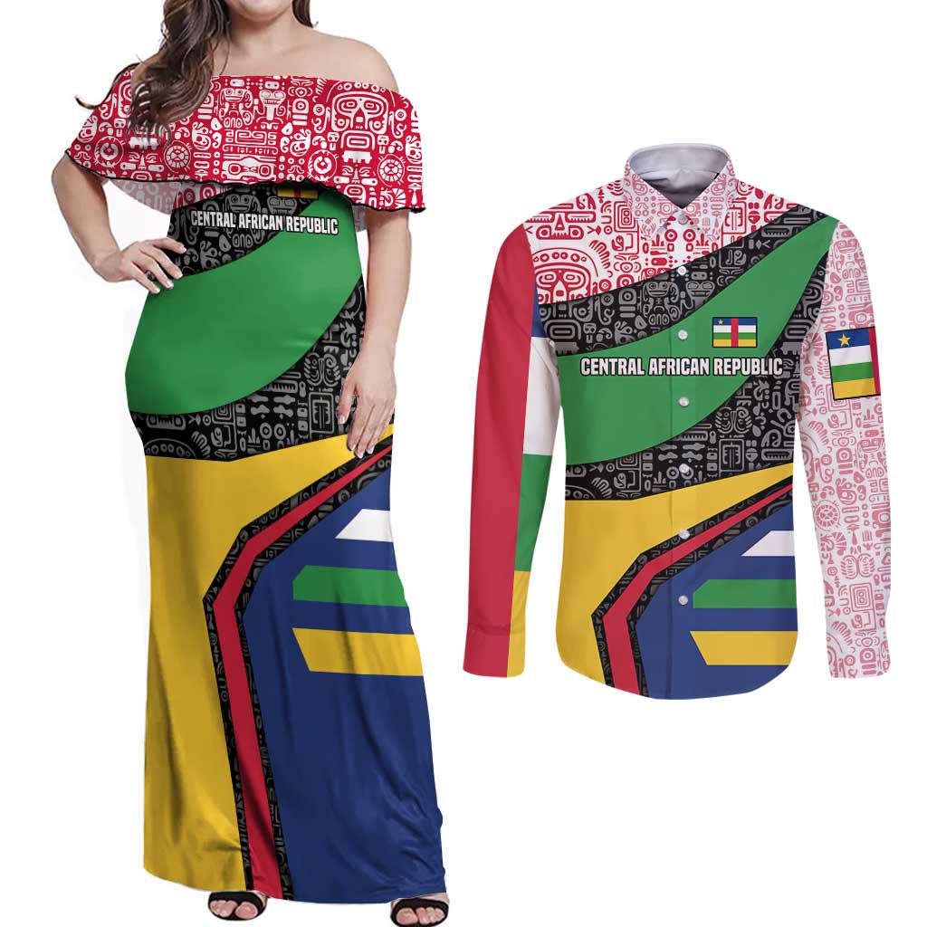 Central African Republic Couples Matching Off Shoulder Maxi Dress and Long Sleeve Button Shirt with Multicolor Tribal Design and National Emblem - Wonder Print Shop