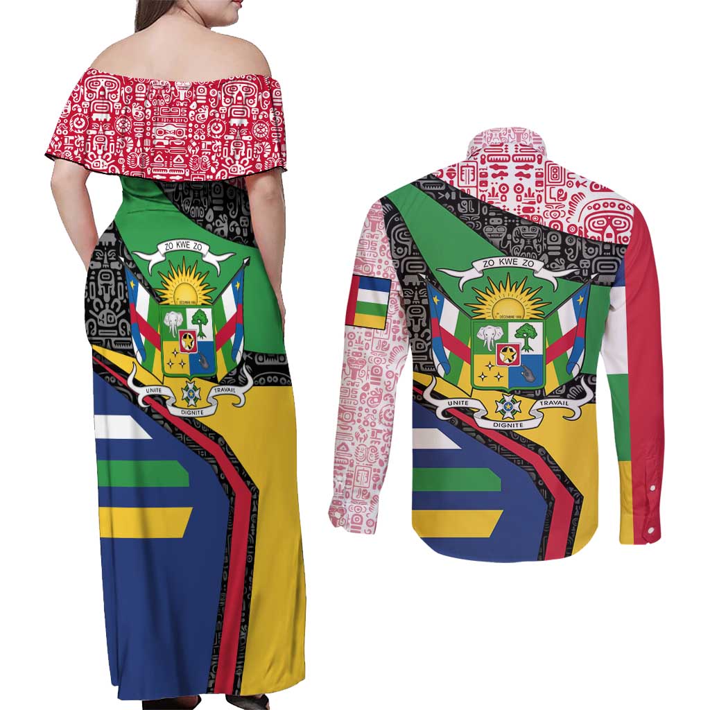 Central African Republic Couples Matching Off Shoulder Maxi Dress and Long Sleeve Button Shirt with Multicolor Tribal Design and National Emblem - Wonder Print Shop