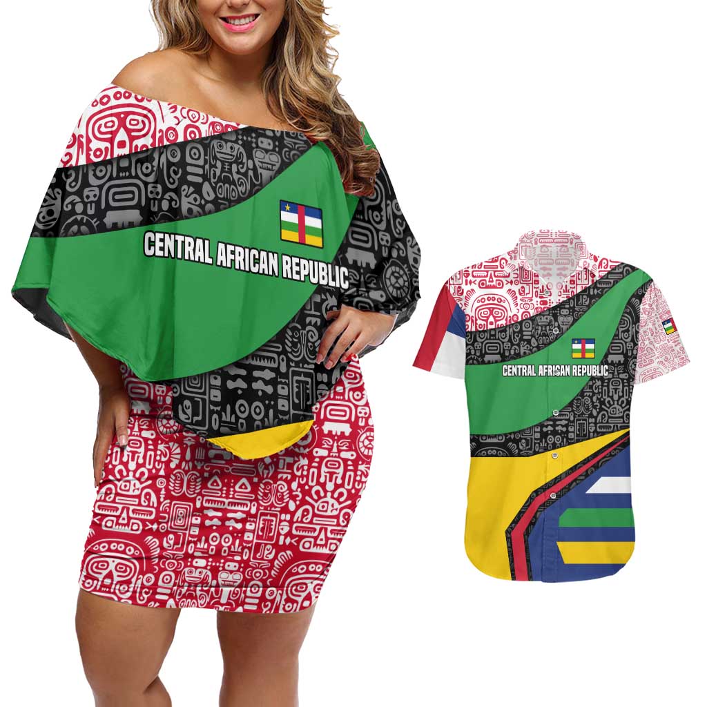 Central African Republic Couples Matching Off Shoulder Short Dress and Hawaiian Shirt with Multicolor Tribal Design and National Emblem - Wonder Print Shop