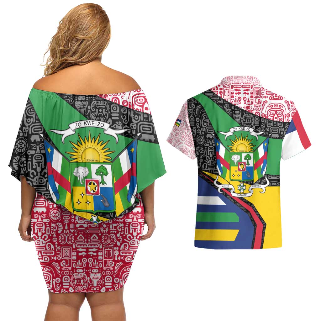 Central African Republic Couples Matching Off Shoulder Short Dress and Hawaiian Shirt with Multicolor Tribal Design and National Emblem - Wonder Print Shop