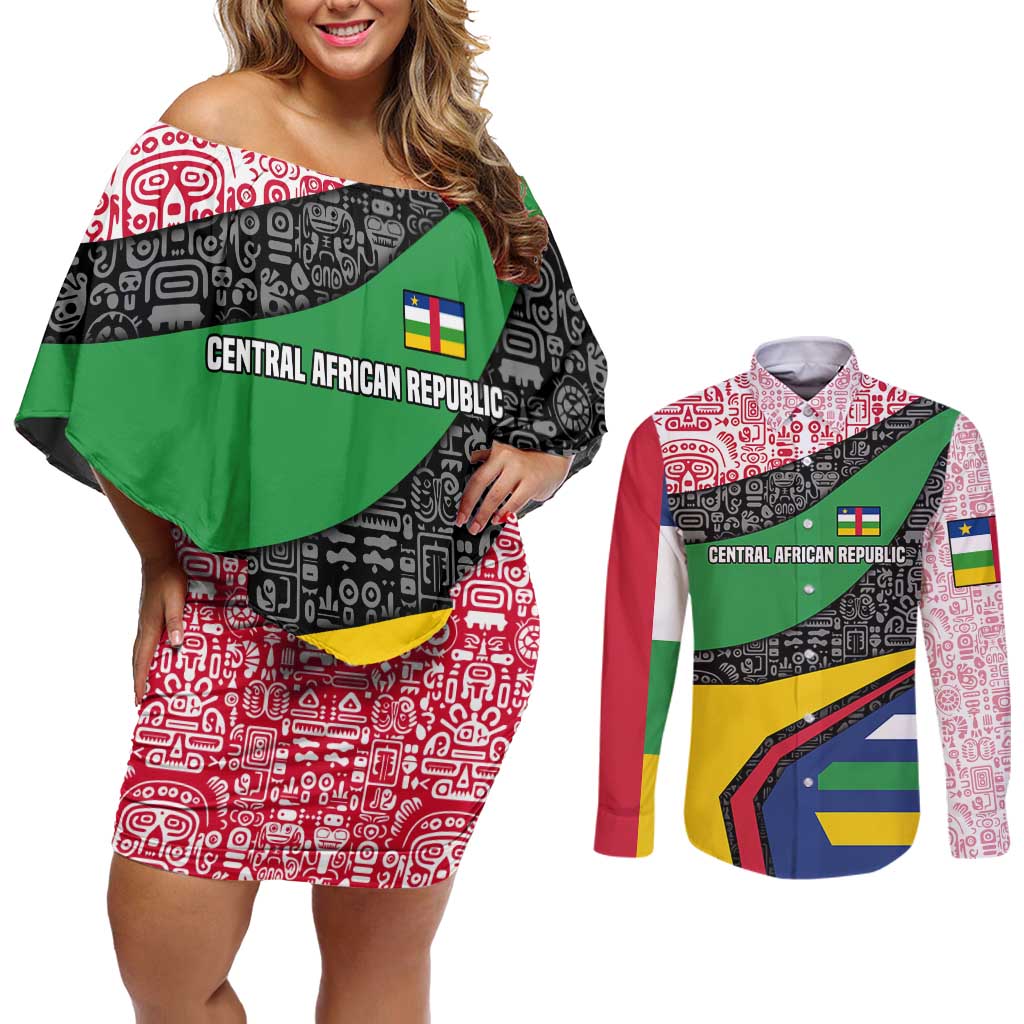 Central African Republic Couples Matching Off Shoulder Short Dress and Long Sleeve Button Shirt with Multicolor Tribal Design and National Emblem - Wonder Print Shop