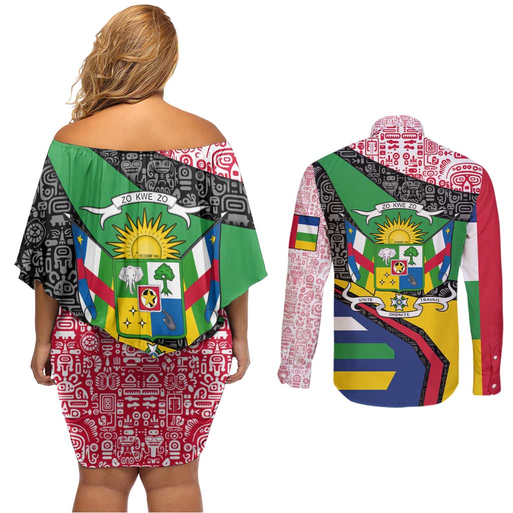 Central African Republic Couples Matching Off Shoulder Short Dress and Long Sleeve Button Shirt with Multicolor Tribal Design and National Emblem - Wonder Print Shop
