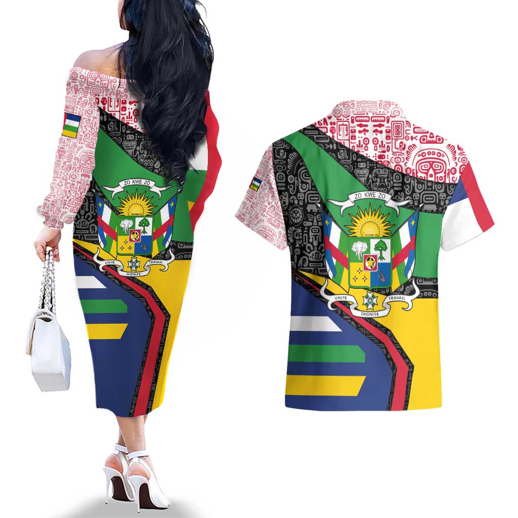 Central African Republic Couples Matching Off The Shoulder Long Sleeve Dress and Hawaiian Shirt with Multicolor Tribal Design and National Emblem - Wonder Print Shop