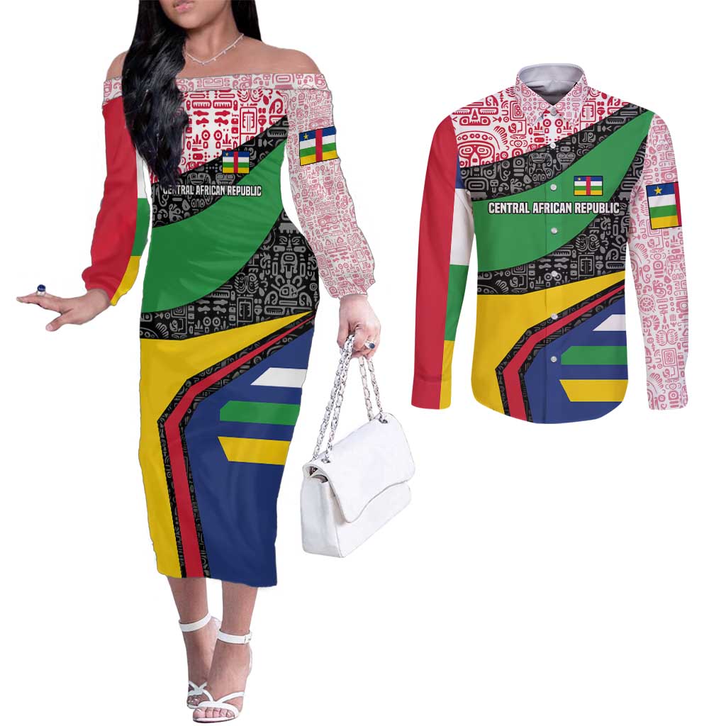 Central African Republic Couples Matching Off The Shoulder Long Sleeve Dress and Long Sleeve Button Shirt with Multicolor Tribal Design and National Emblem - Wonder Print Shop