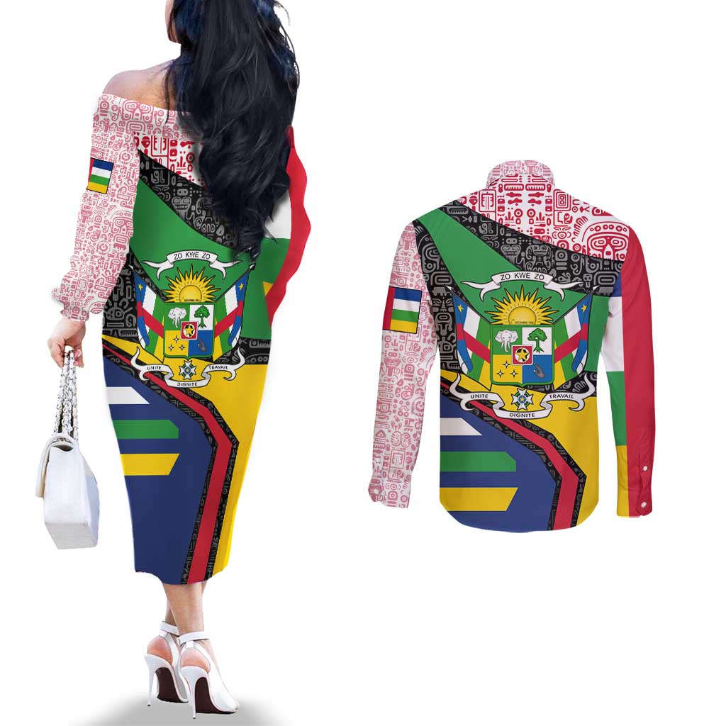 Central African Republic Couples Matching Off The Shoulder Long Sleeve Dress and Long Sleeve Button Shirt with Multicolor Tribal Design and National Emblem - Wonder Print Shop