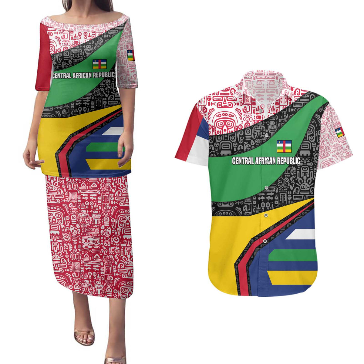 Central African Republic Couples Matching Puletasi and Hawaiian Shirt with Multicolor Tribal Design and National Emblem - Wonder Print Shop
