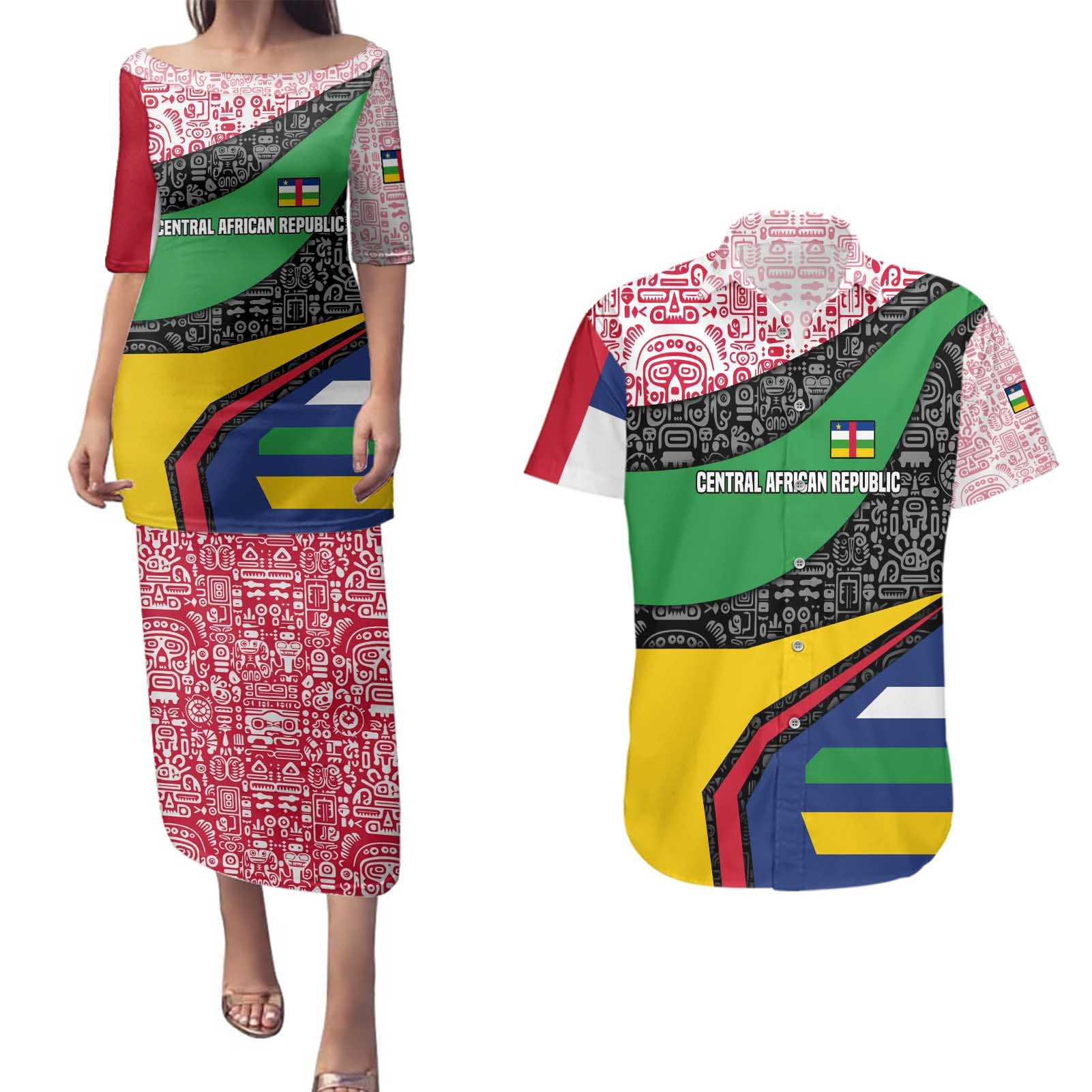 Central African Republic Couples Matching Puletasi and Hawaiian Shirt with Multicolor Tribal Design and National Emblem - Wonder Print Shop