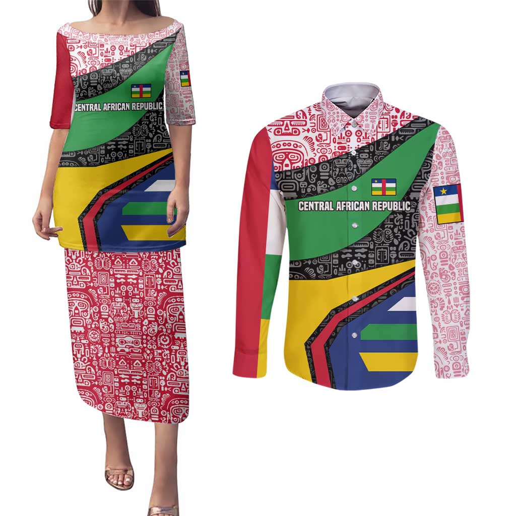 Central African Republic Couples Matching Puletasi and Long Sleeve Button Shirt with Multicolor Tribal Design and National Emblem - Wonder Print Shop