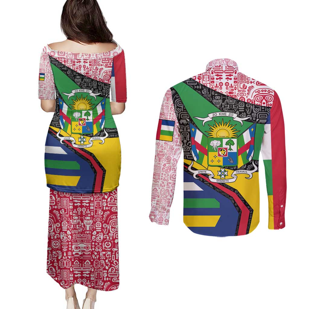 Central African Republic Couples Matching Puletasi and Long Sleeve Button Shirt with Multicolor Tribal Design and National Emblem - Wonder Print Shop
