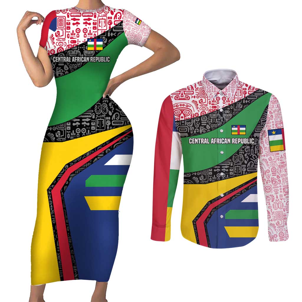 Central African Republic Couples Matching Short Sleeve Bodycon Dress and Long Sleeve Button Shirt with Multicolor Tribal Design and National Emblem - Wonder Print Shop