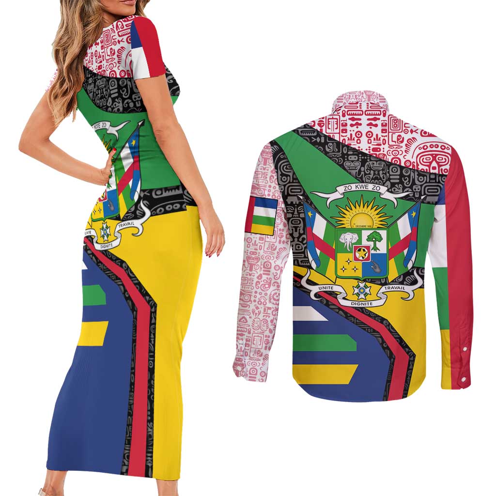 Central African Republic Couples Matching Short Sleeve Bodycon Dress and Long Sleeve Button Shirt with Multicolor Tribal Design and National Emblem - Wonder Print Shop