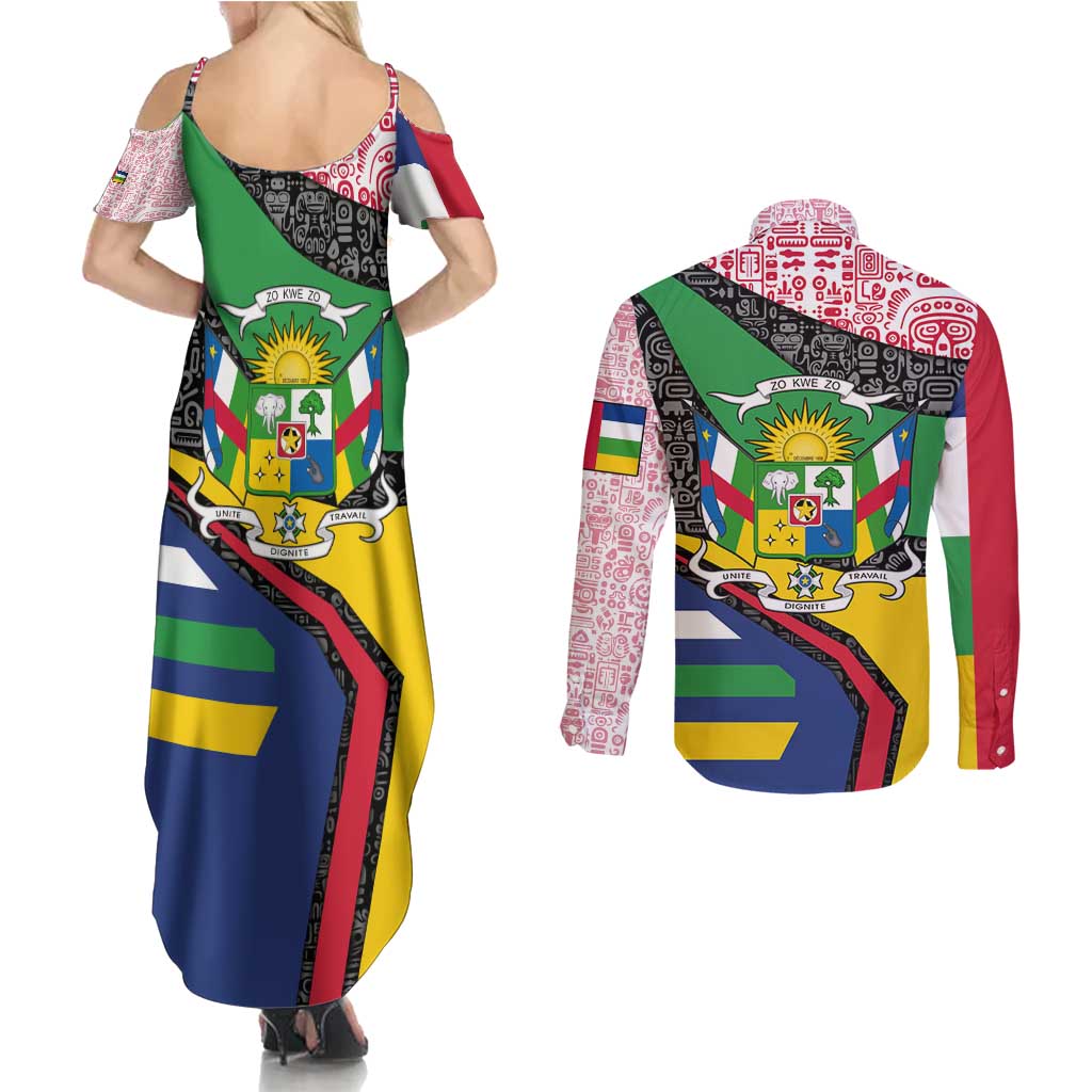 Central African Republic Couples Matching Summer Maxi Dress and Long Sleeve Button Shirt with Multicolor Tribal Design and National Emblem - Wonder Print Shop