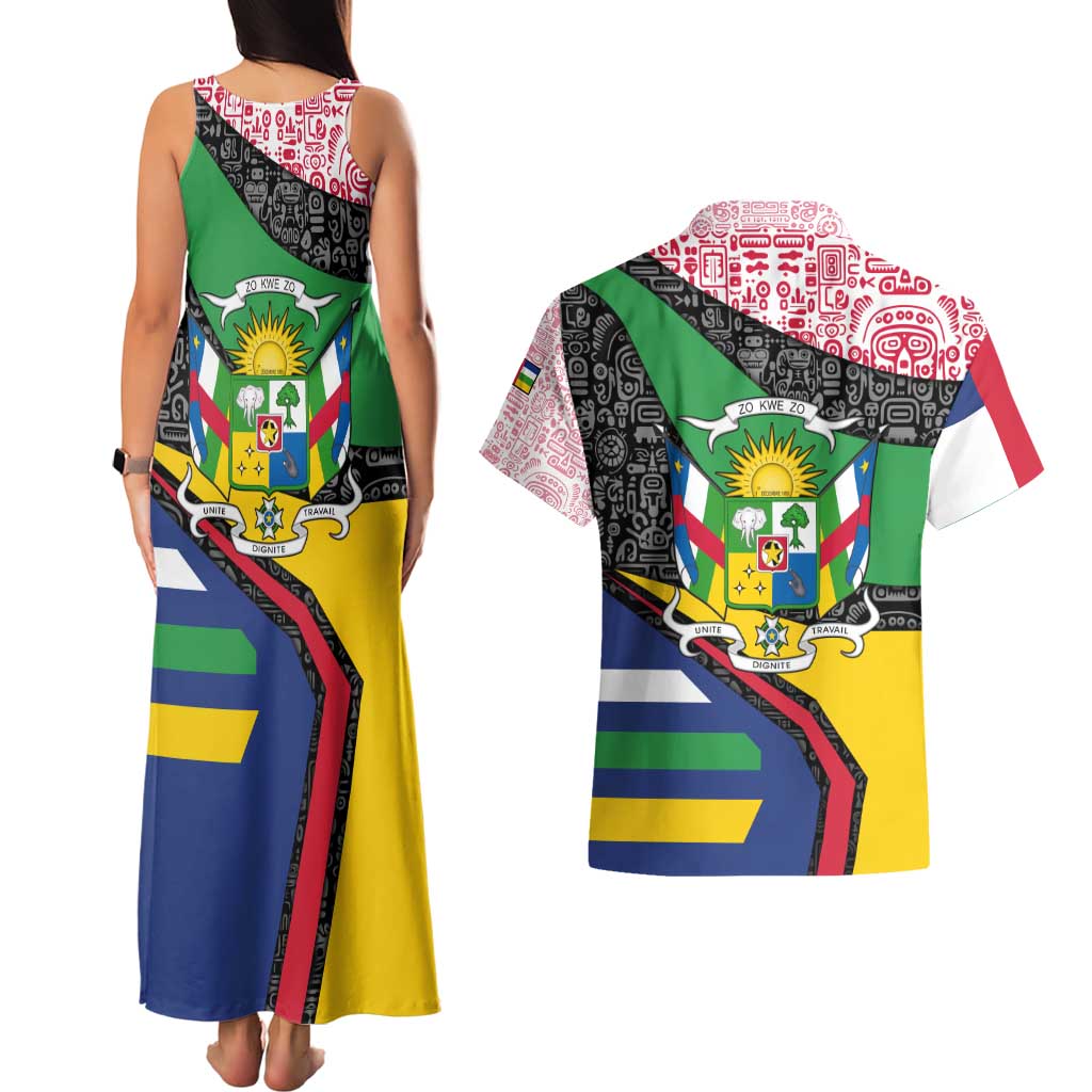 Central African Republic Couples Matching Tank Maxi Dress and Hawaiian Shirt with Multicolor Tribal Design and National Emblem - Wonder Print Shop