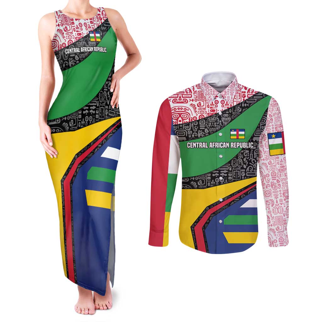 Central African Republic Couples Matching Tank Maxi Dress and Long Sleeve Button Shirt with Multicolor Tribal Design and National Emblem - Wonder Print Shop