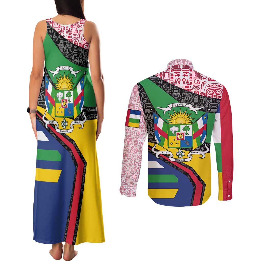 Central African Republic Couples Matching Tank Maxi Dress and Long Sleeve Button Shirt with Multicolor Tribal Design and National Emblem - Wonder Print Shop
