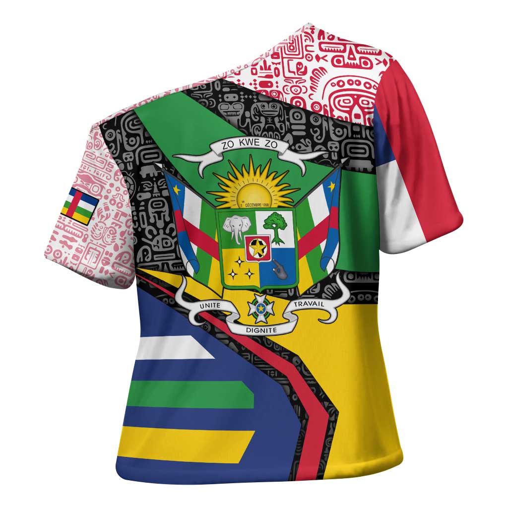 Central African Republic Cross Shoulder Shirt with Multicolor Tribal Design and National Emblem - Wonder Print Shop