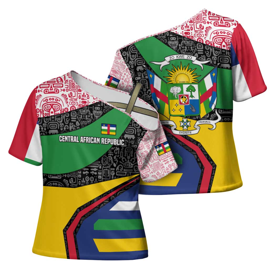 Central African Republic Cross Shoulder Shirt with Multicolor Tribal Design and National Emblem - Wonder Print Shop