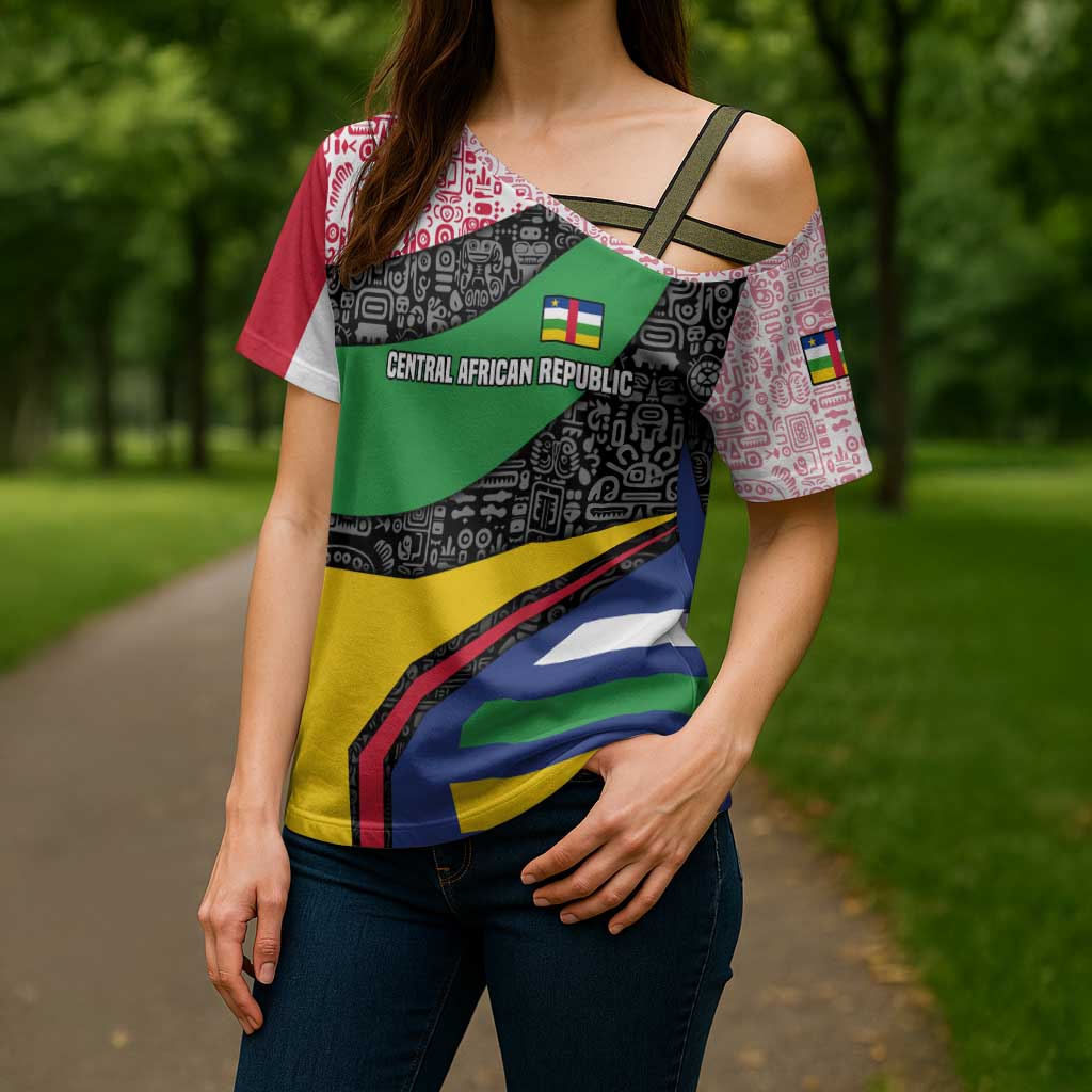 Central African Republic Cross Shoulder Shirt with Multicolor Tribal Design and National Emblem - Wonder Print Shop