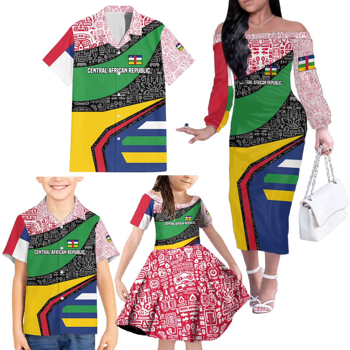 Central African Republic Family Matching Off The Shoulder Long Sleeve Dress and Hawaiian Shirt with Multicolor Tribal Design and National Emblem - Wonder Print Shop