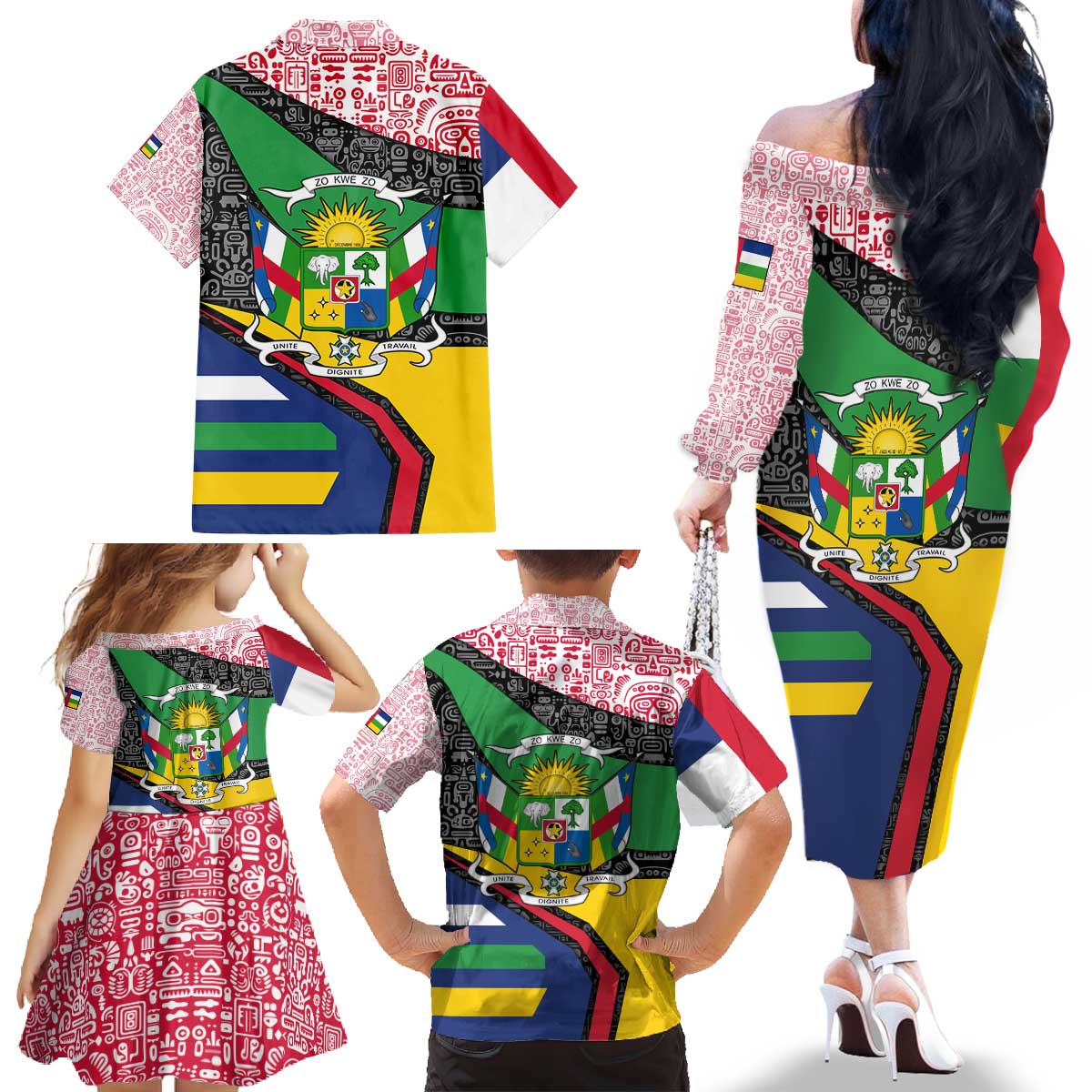 Central African Republic Family Matching Off The Shoulder Long Sleeve Dress and Hawaiian Shirt with Multicolor Tribal Design and National Emblem - Wonder Print Shop