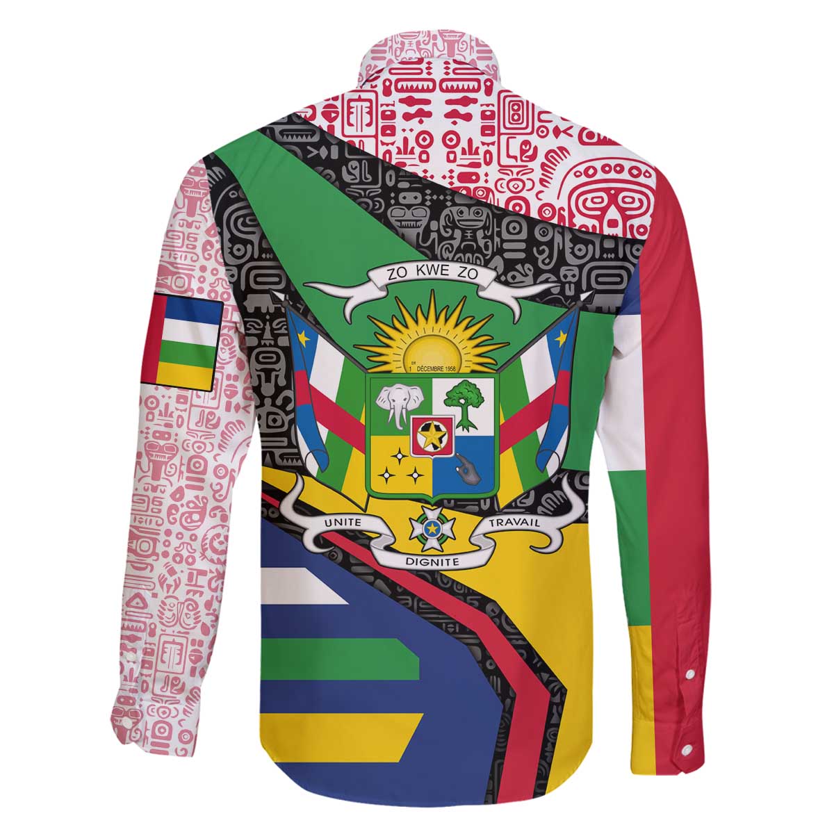 Central African Republic Family Matching Off The Shoulder Long Sleeve Dress and Hawaiian Shirt with Multicolor Tribal Design and National Emblem - Wonder Print Shop