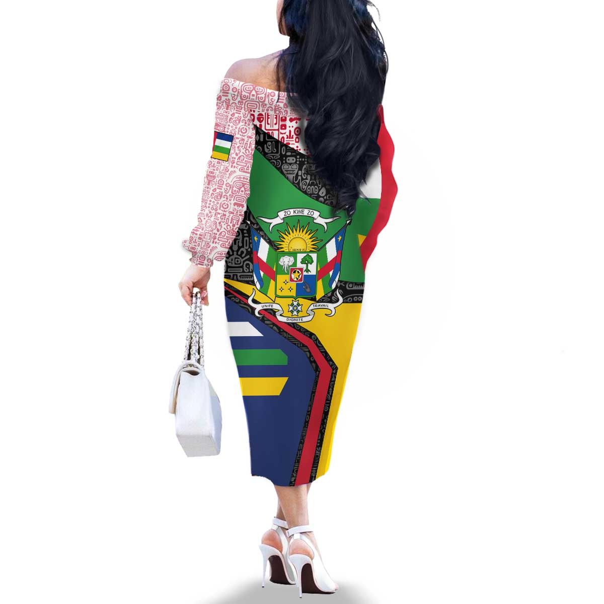 Central African Republic Family Matching Off The Shoulder Long Sleeve Dress and Hawaiian Shirt with Multicolor Tribal Design and National Emblem - Wonder Print Shop