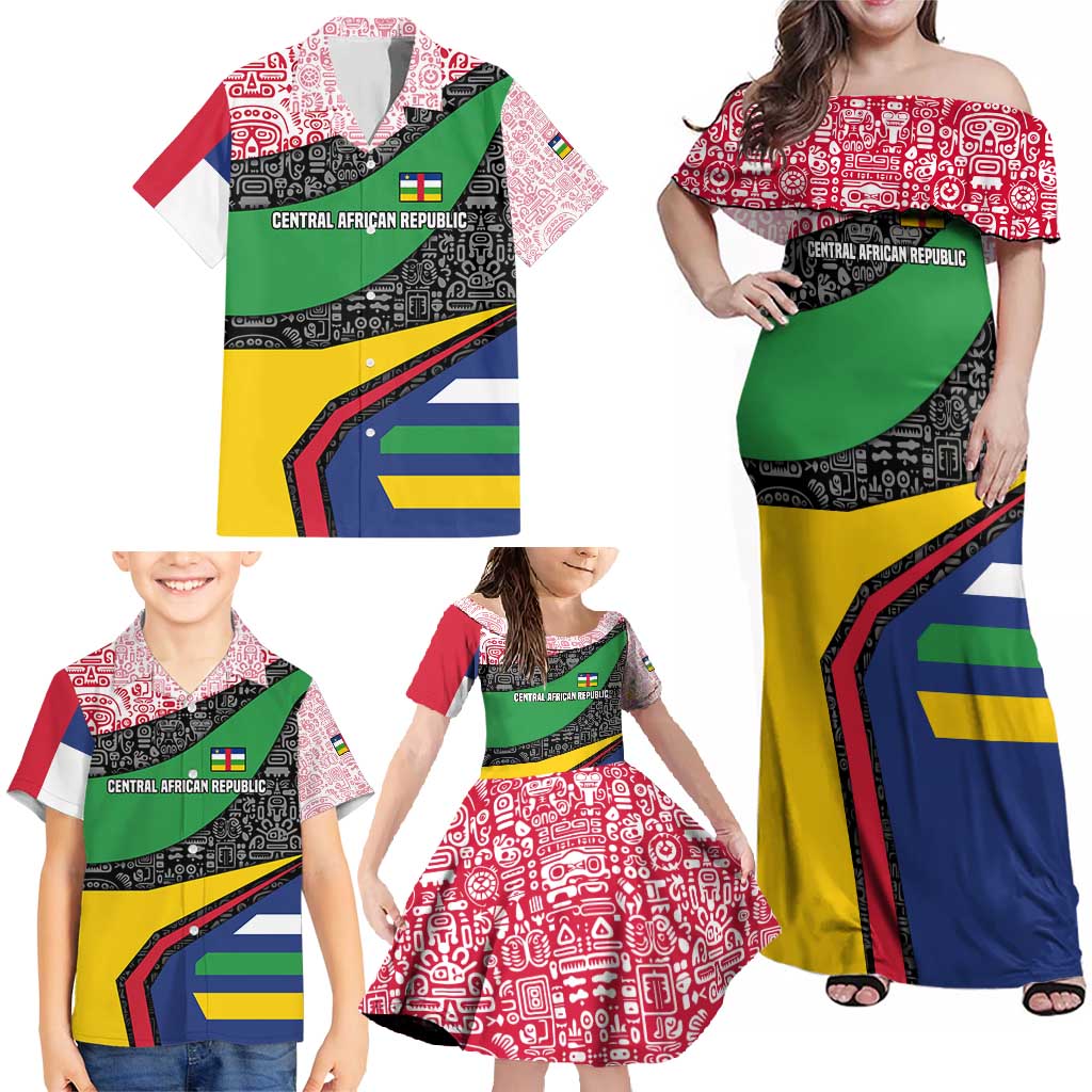 Central African Republic Family Matching Off Shoulder Maxi Dress and Hawaiian Shirt with Multicolor Tribal Design and National Emblem - Wonder Print Shop