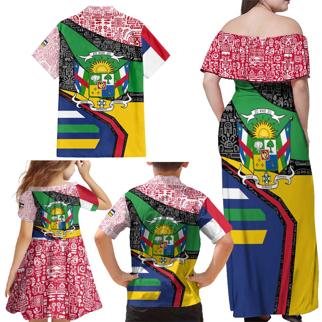Central African Republic Family Matching Off Shoulder Maxi Dress and Hawaiian Shirt with Multicolor Tribal Design and National Emblem - Wonder Print Shop