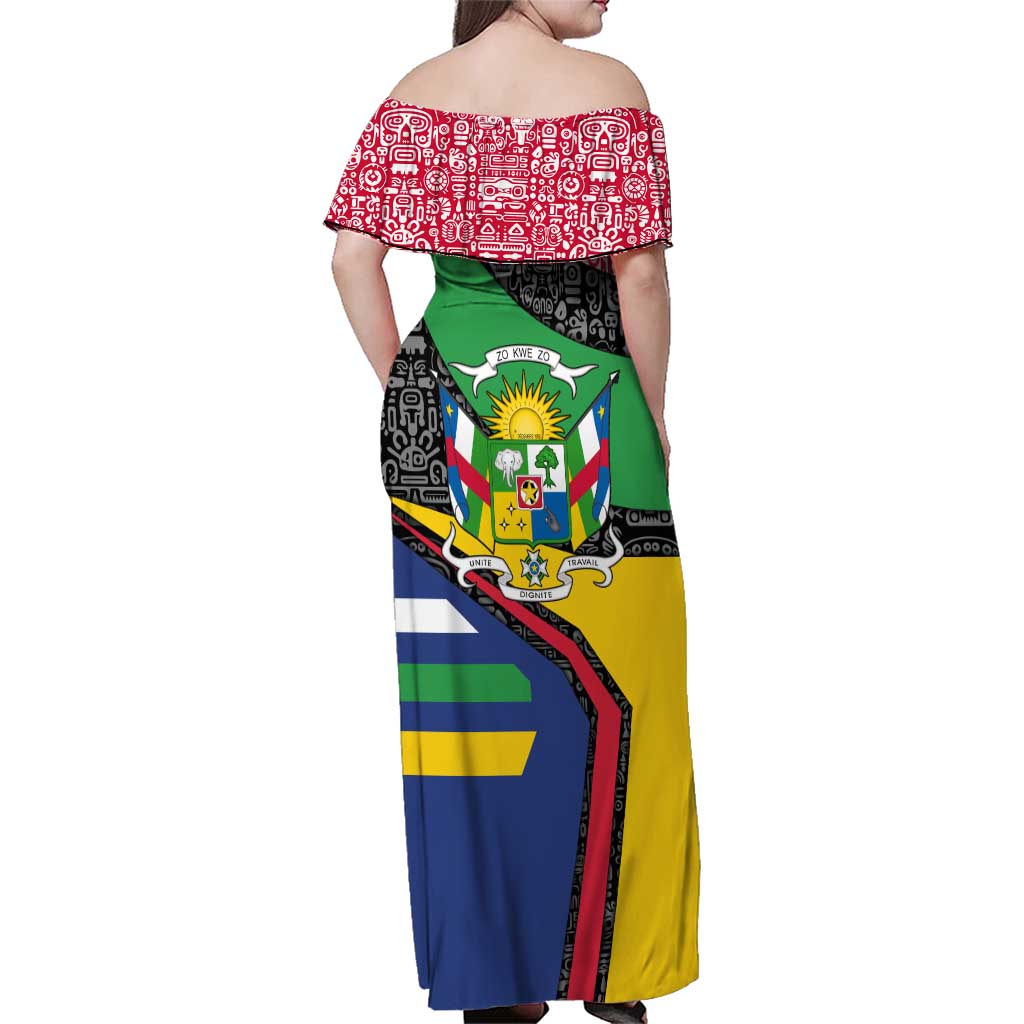 Central African Republic Family Matching Off Shoulder Maxi Dress and Hawaiian Shirt with Multicolor Tribal Design and National Emblem - Wonder Print Shop