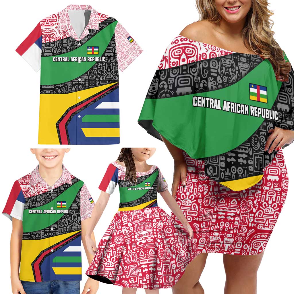 Central African Republic Family Matching Off Shoulder Short Dress and Hawaiian Shirt with Multicolor Tribal Design and National Emblem - Wonder Print Shop