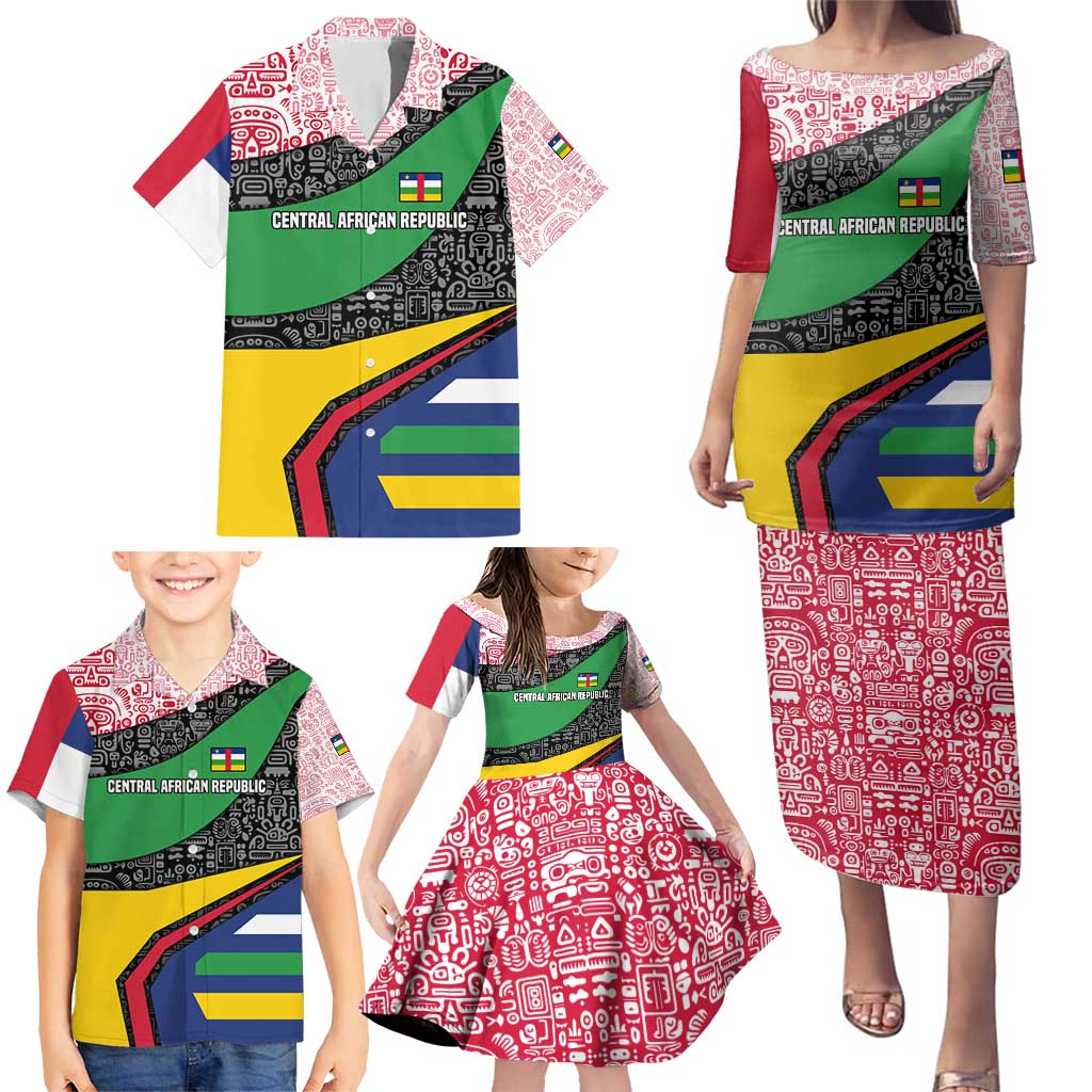 Central African Republic Family Matching Puletasi and Hawaiian Shirt with Multicolor Tribal Design and National Emblem - Wonder Print Shop
