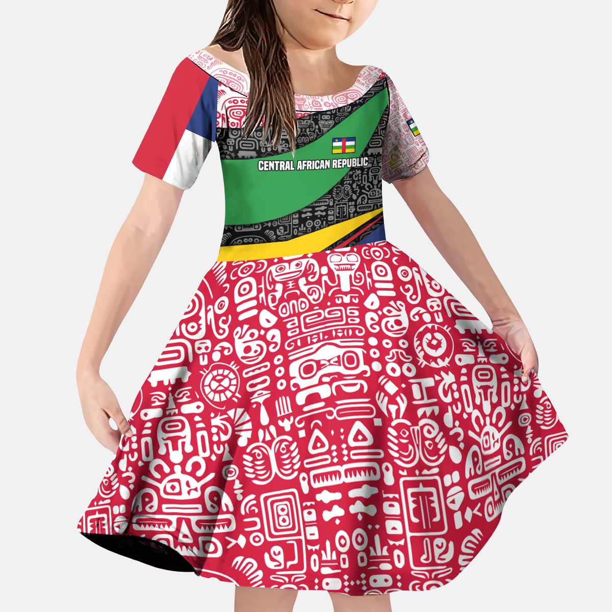 Central African Republic Kid Short Sleeve Dress with Multicolor Tribal Design and National Emblem - Wonder Print Shop