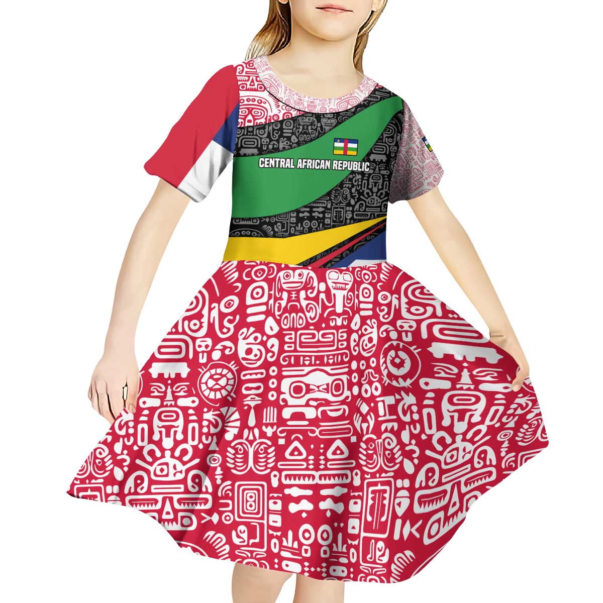 Central African Republic Kid Short Sleeve Dress with Multicolor Tribal Design and National Emblem - Wonder Print Shop