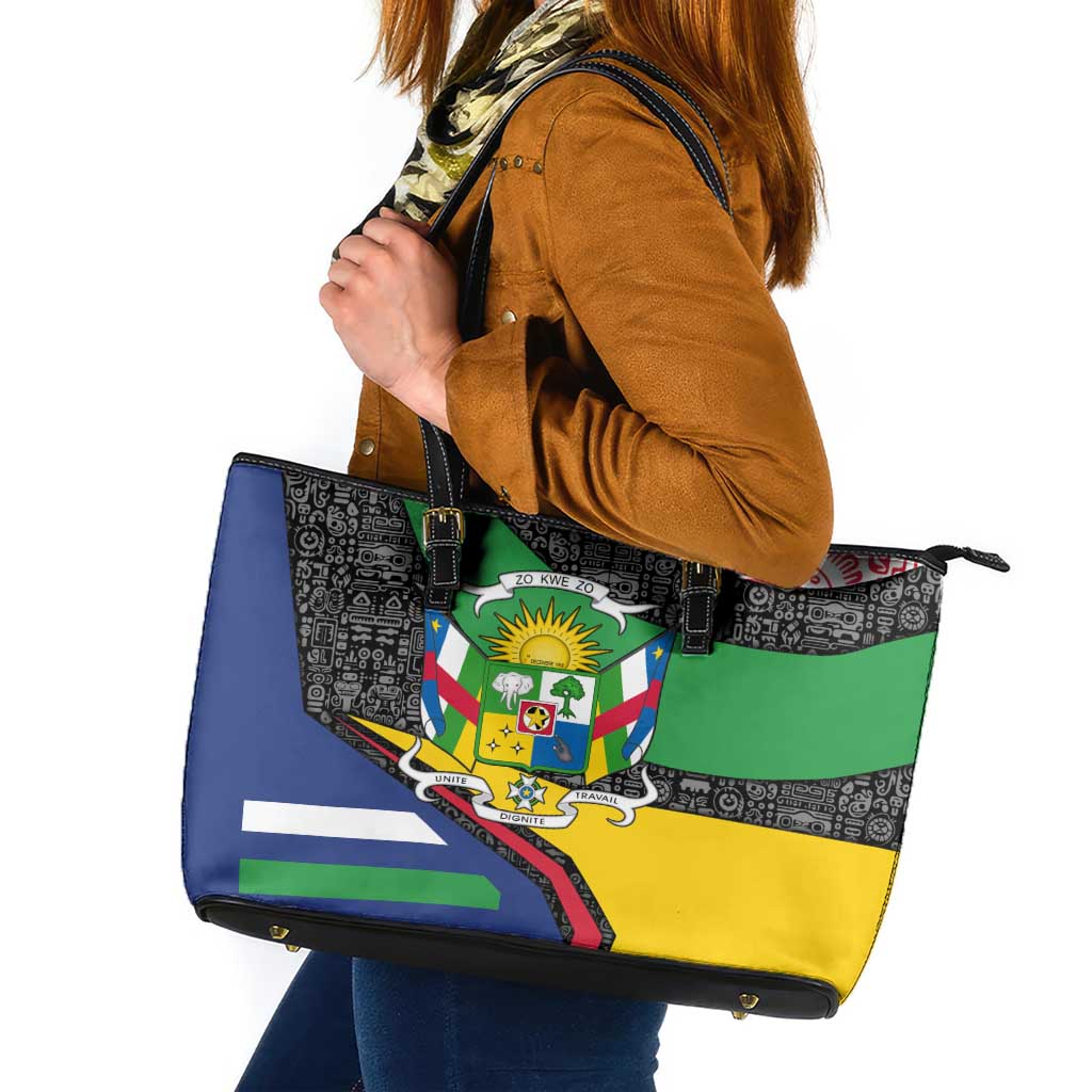 Central African Republic Leather Tote Bag with Multicolor Tribal Design and National Emblem - Wonder Print Shop