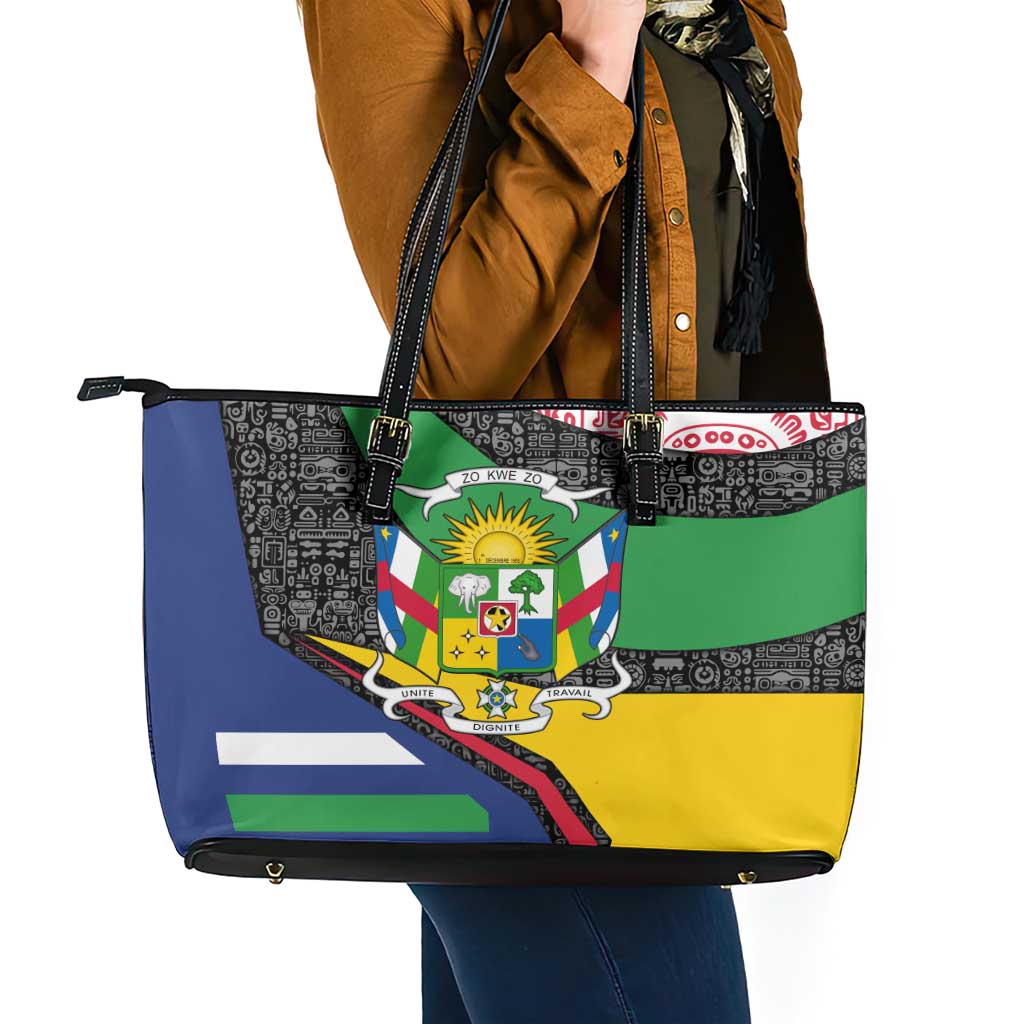 Central African Republic Leather Tote Bag with Multicolor Tribal Design and National Emblem - Wonder Print Shop